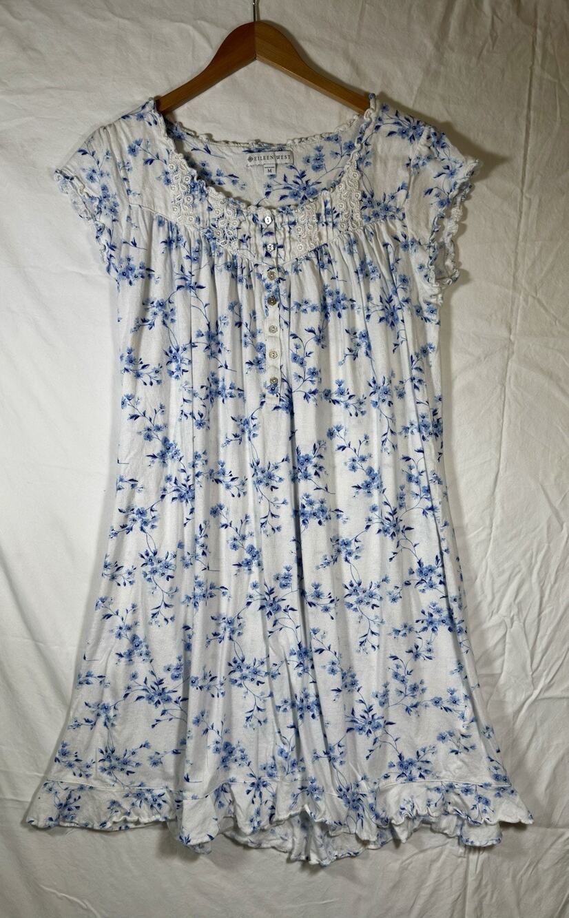 Eileen West Women’s Prairie Cottage Nightgown Cotton Modal Blue White Floral M